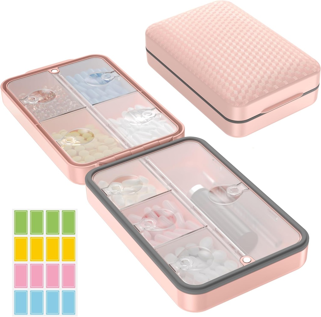 Restree Weekly Pill Organizer, Magnetic Moisture Proof Pill Case, Large Capacity Travel Pill Box with Inner Clear Lid for Vitamins, Supplements, and Daily Medications 8 Compartment (Pink)