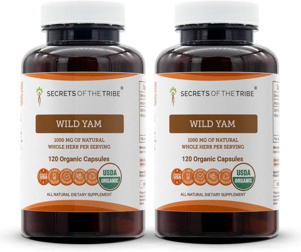 トリブワイルドヤムカプセルの秘密 1000 mg レスポンシブルファームUSDAオーガニックワイルドヤム(ジオスコレアビヨサ)ドライルート、ホルモンサポートサプリメント(2x120カプセル)