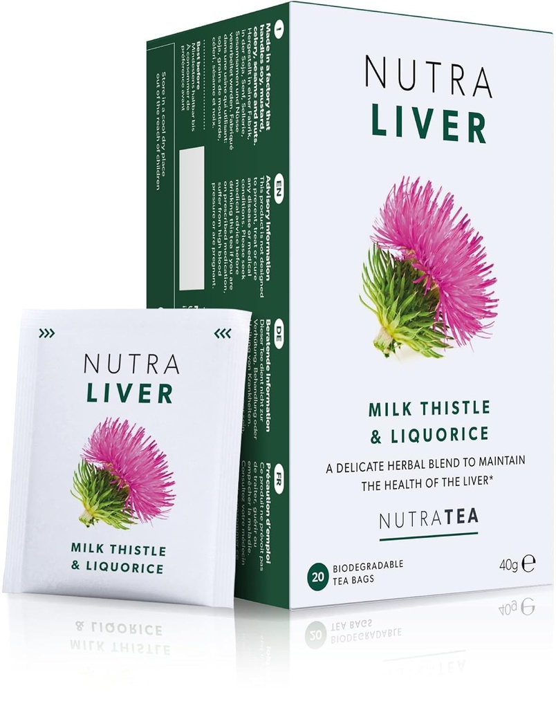 NUTRALIVER - 肝臓のクレンジングとサポートのためのデトックスティー - ミルクアザミ、ターメリック&フェンネル - 20ティーバッグ - Nutra Teaによるハーブティー