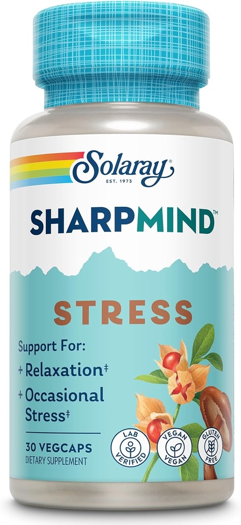 SOLARAY SharpMind Stress、Nootropic Mood Support Supplement for Relaxation and Occasional Stress Rescue Support、Ashawagandha、L Theanine、60 Day Money Guarantee、30 Serv 30 VegCapsの適応性物質