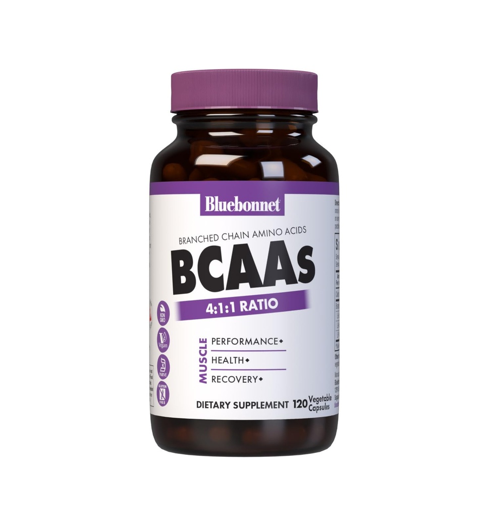 Bluebonnet栄養BCAAs 4:1比、筋肉性能*、筋肉健康*、筋肉修理*、非GMO、ビーガン、コーシャ認定、グルテンフリー、大豆フリー、乳製品フリー、120野菜カプセル、30サービング