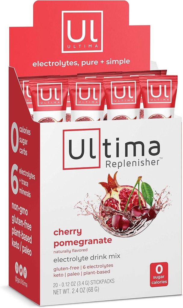 Ultima Replenisher 電解水ドリンク ミックス, チェリー Pomegranate, 20 サービング スティックパック ボックス, 砂糖なし, 炭水化物なし, カロリー, ケト, グルテンフリー, 非GMO, 完全菜食主義者の