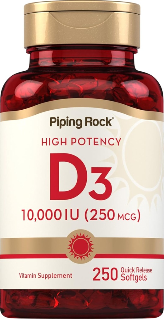 パイピングロックビタミンD3 10000 IU | 250 mcg | 250 Softgels | 高効力 | 非GMO&グルテンフリーサプリメント