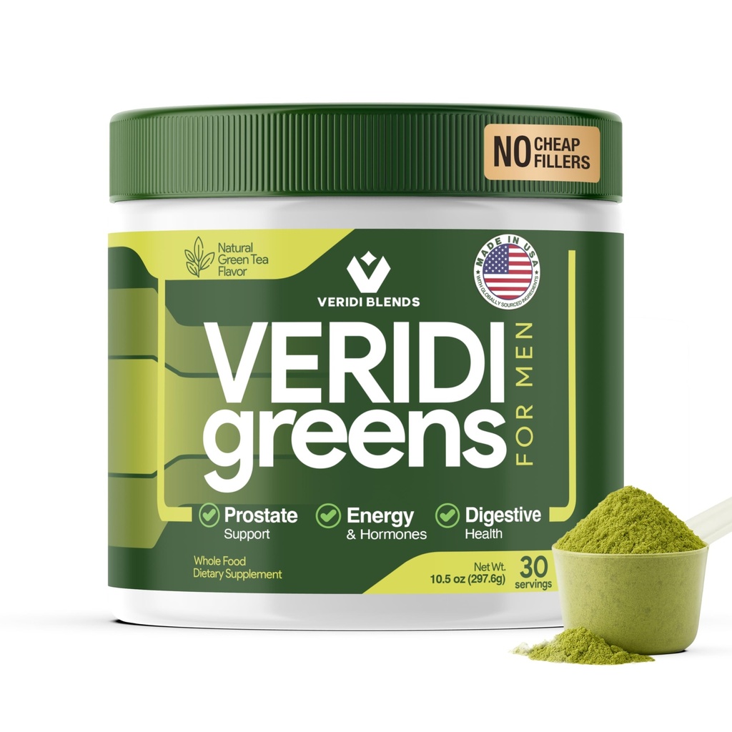 Veridi Greens for Men 40+ | 前立腺の健康、ホルモン&エネルギーサポートのための毎日のスーパーフードグリーンパウダー | スピルリナ、ソーパルメット、亜鉛&酵素とプレミアムUSAブレンド