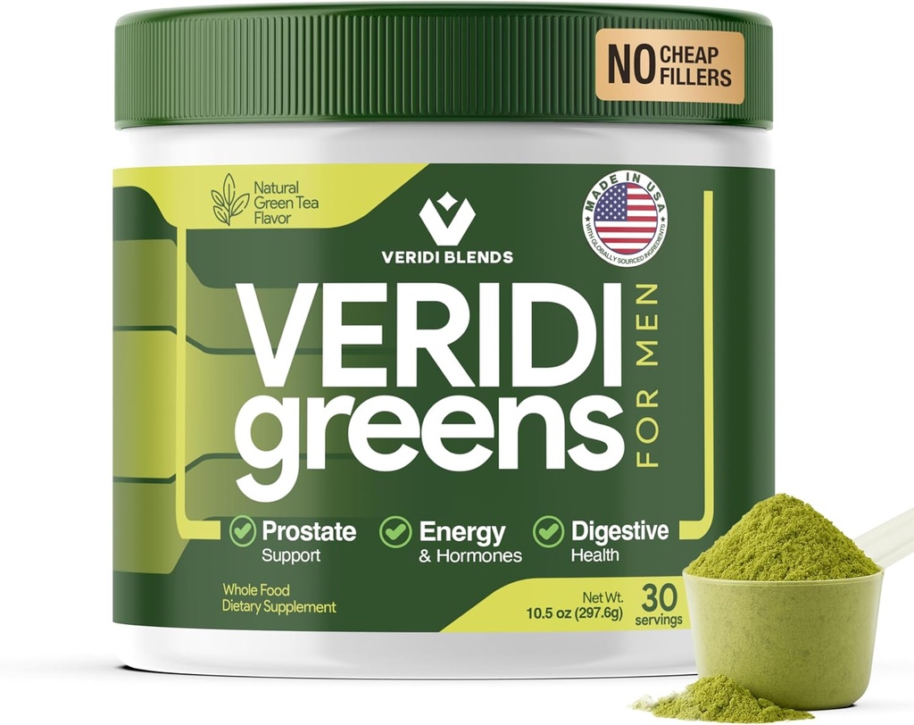Veridi Greens for Men 40+ | 前立腺の健康、ホルモン&エネルギーサポートのための毎日のスーパーフードグリーンパウダー | スピルリナ、ソーパルメット、亜鉛&酵素とプレミアムUSAブレンド