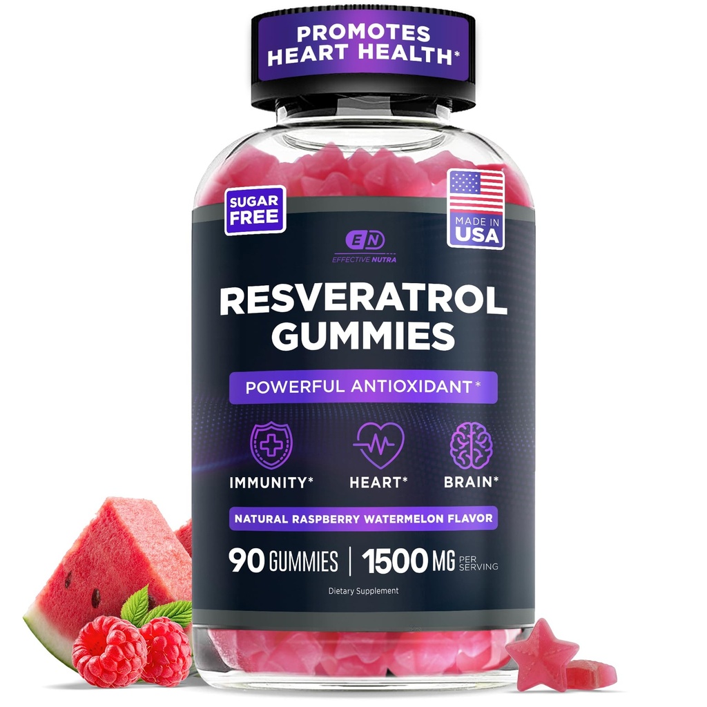 EFFECTIVE NUTRA レスベラトロールグミ 1500mg | 酸化防止剤サポート、免疫、心の健康、脳機能の砂糖フリーサプリメント | 45日間供給、天然ベリー風味、米国製(90カウント)