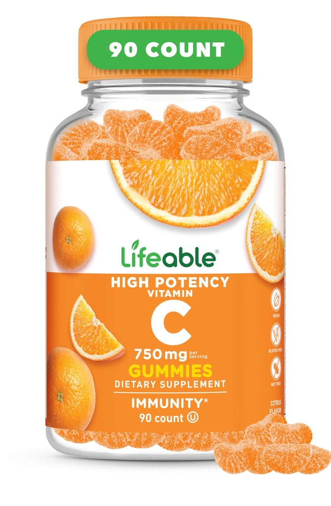 大人用ビタミンCグアミー | 750mg | グレートテイスティングオレンジ色の味VIT C | ビーガン非GMOビタミンC ケブル | 免疫サポート用 | 90 ガミー