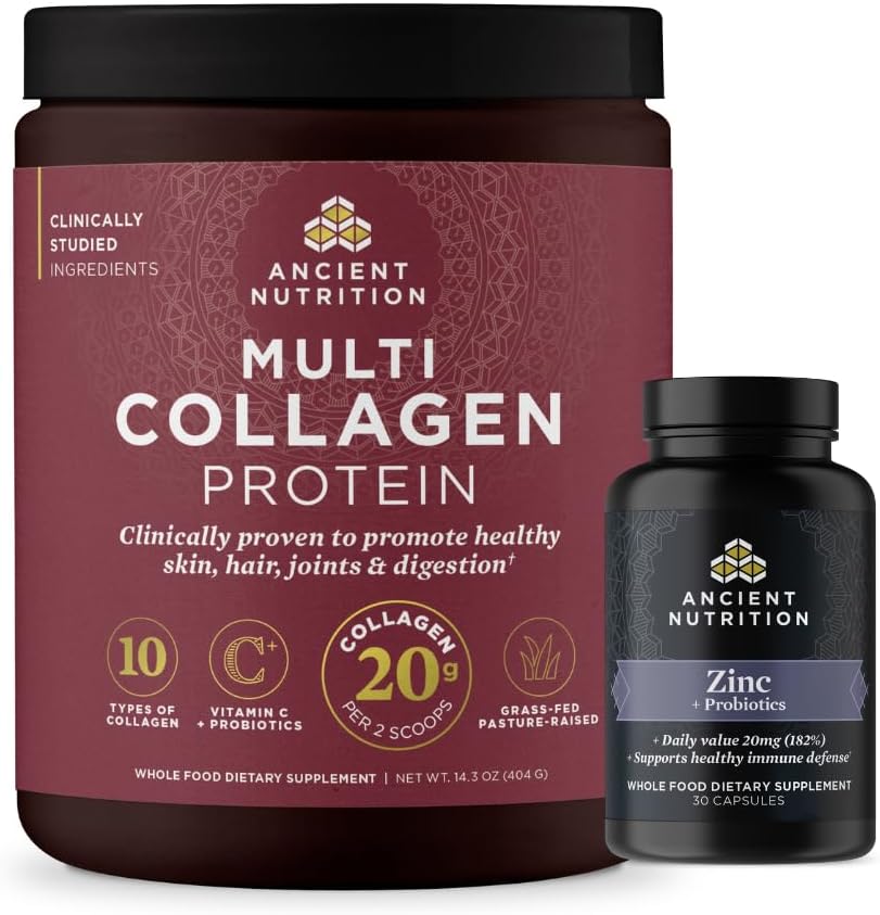 Ancient Nutrition Zinc Capsules, 30 Count + Multi Collagen Protein Powder, Unflavored, 40 Servings