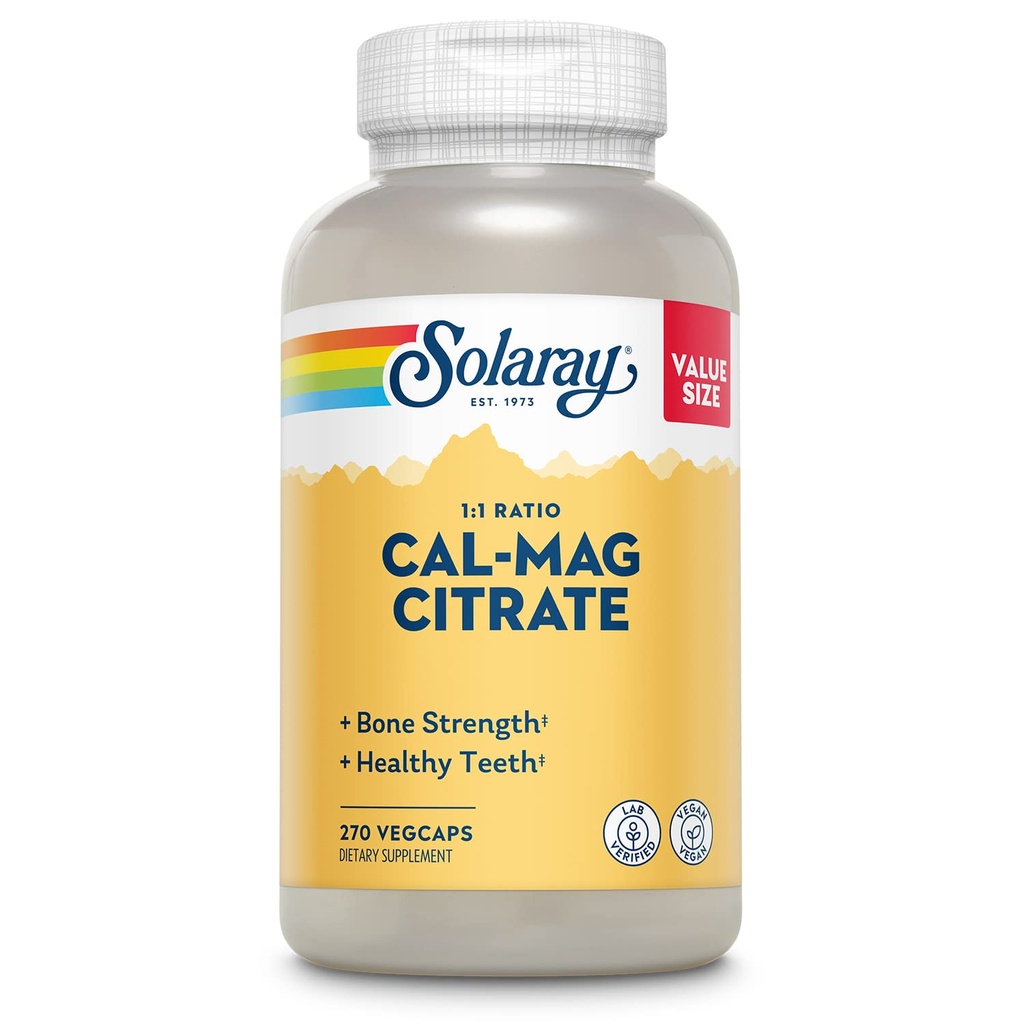 Solarayのカルシウム マグネシウムのクエン酸塩1000mg 1:1の比率、骨の強さの補足、筋肉、Nerveおよび骨の健康サポート、高い吸収のためのChelated、60日の保証、45のサービング、270のVegeCaps