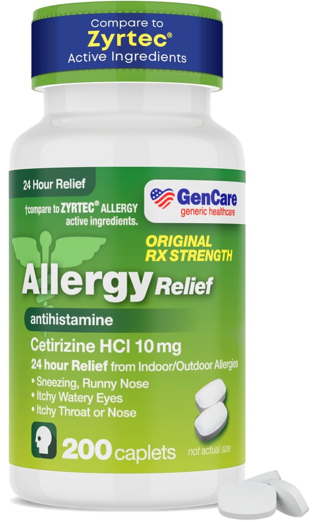 GenCare - Cetirizine HCL 10mg(200カプレット) - 24時間アレルギー救済ピル - 非恐ろしいジェネリックOTCアレルギー薬 - ニースのための抗ヒスタミン薬、鼻鼻とかゆみの目 - ジェネリックZyrtec