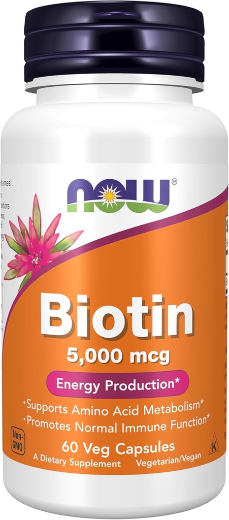 NOW Foodsは、バイオチン5,000mcg、アミノ酸代謝*、エネルギー生産*、60ベジカプセルを補います
