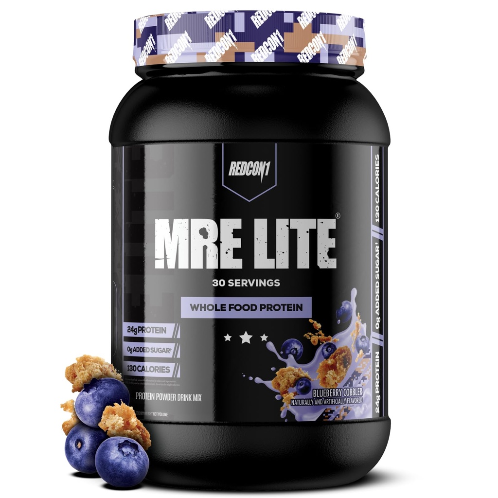 REDCON1 MRE Lite 全フードプロテインパウダー、ブルーベリーコブラー - 低炭水化物&乳食動物プロテインブレンドとの交換 - MCTオイルで作られたサプリメントを消化しやすい(30サービング)