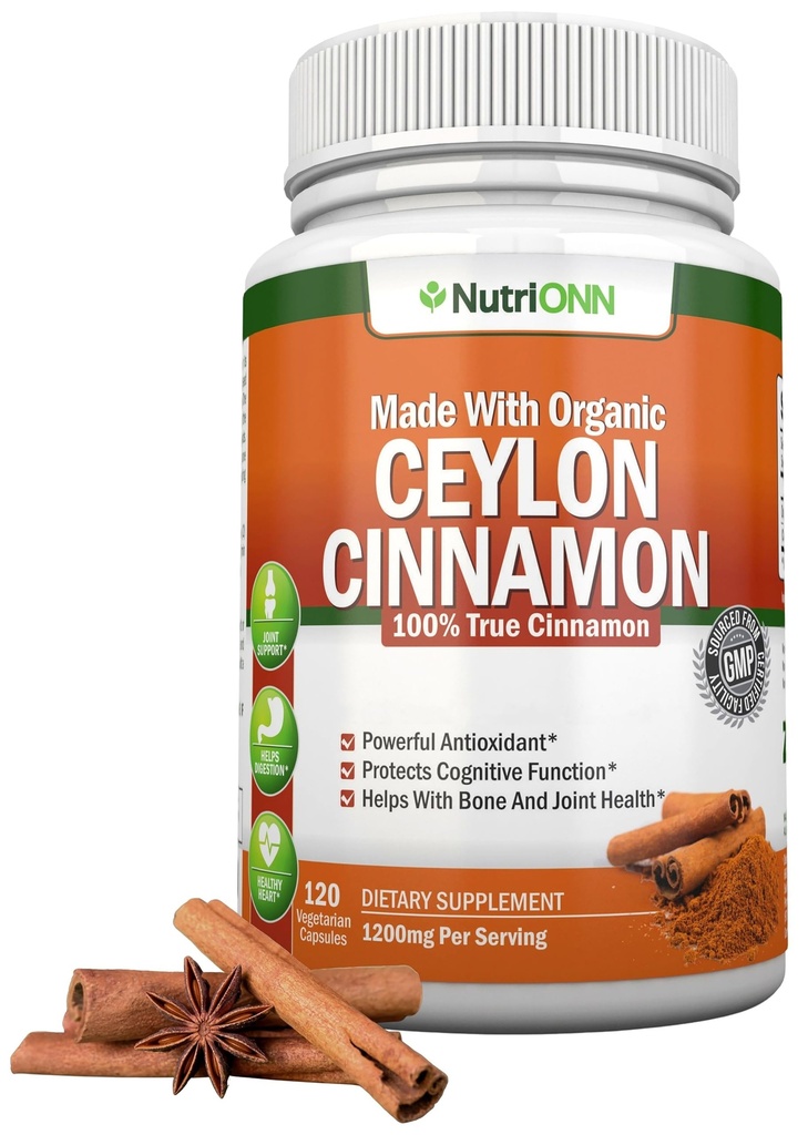 オーガニック セイロン シナモン 1200 mg | 120 ビーガンカプセル | スリランカの真のカニモマムの頂点 | Non-GMO, サードパーティーラボ 試験済み, 低クーマリン, GMP 認定