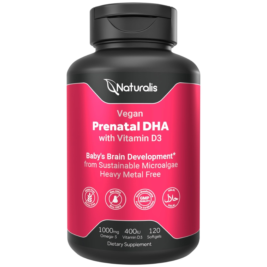 フルスペクトラムオメガ3でNaturariisビーガンプレナタール  Algae DHA、EPA、DPA、ビタミンD3&アクティブフォリックL 5-MTHF | ビーガン協会認定、 持続可能供給、非GMO&大豆無料 | 120 Veggie Softgels