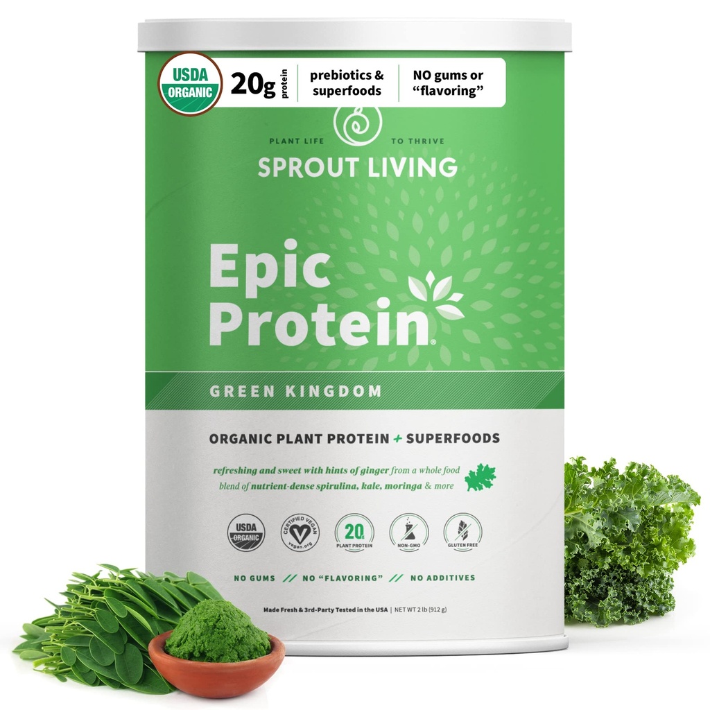 Sproutリビングの叙事詩蛋白質、植物ベースの蛋白質及びSuperfoodsの粉、緑の王国  20グラムの有機性蛋白質の粉、緑、ビーガン、非酪農場、非GMOのグルテンフリー、低砂糖(2ポンド、24のサービング)