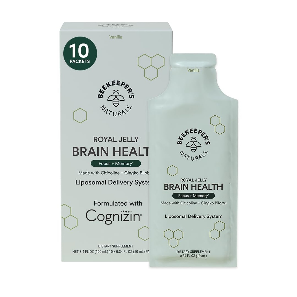 Beekeeper's Naturals、500 mg Citocoline、Ginkgo Biloba、Bacopa Monnieri&Royal JellyによるNootropic Brainサプリメント、フォーカス&メモリ、より簡単な吸収、さらにはおいしいバニラ味、10ct