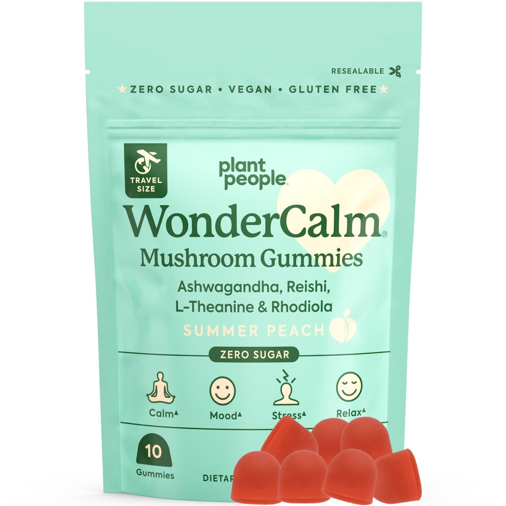 植物の人々 WonderCalm のきのこのグミー - 天然のアシワガンダ 砂糖、グルテンフリーや人工色、ビーガンフレンドリー、ピーチ フレーバー(トライアルサイズ)なしで大人のために気分を上げる