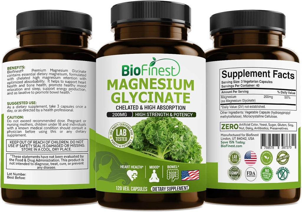 BiofinestはマグネシウムのGlycinate 200mgの補足-健康な中心の腸の動きの免疫エネルギーMetabolismの気分睡眠-米国で作られて(120のカプセル)