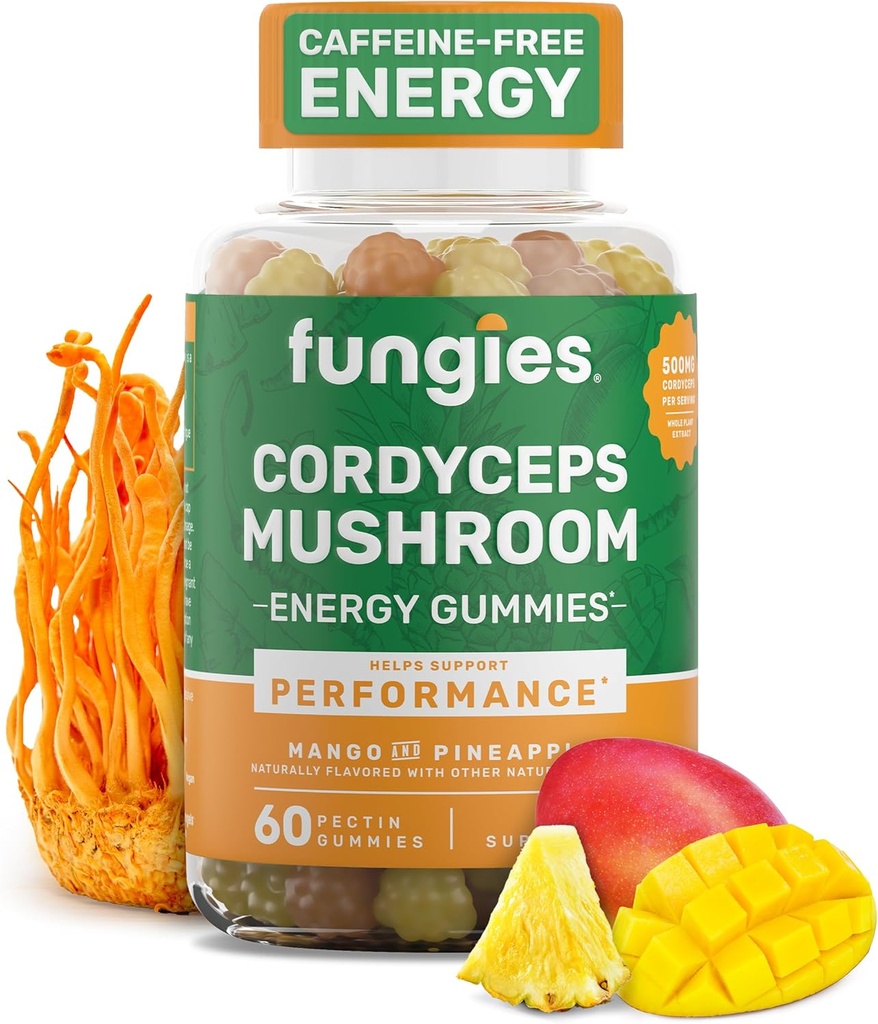 Fungies Cordycepsのきのこのグミー、マンゴー&パイナップルの味 - 大人のサポート持久力、エネルギー&パフォーマンスのためのマッシュルームハーブサプリメントガミー - カフェインフリーエネルギーグミー - 60のサービング
