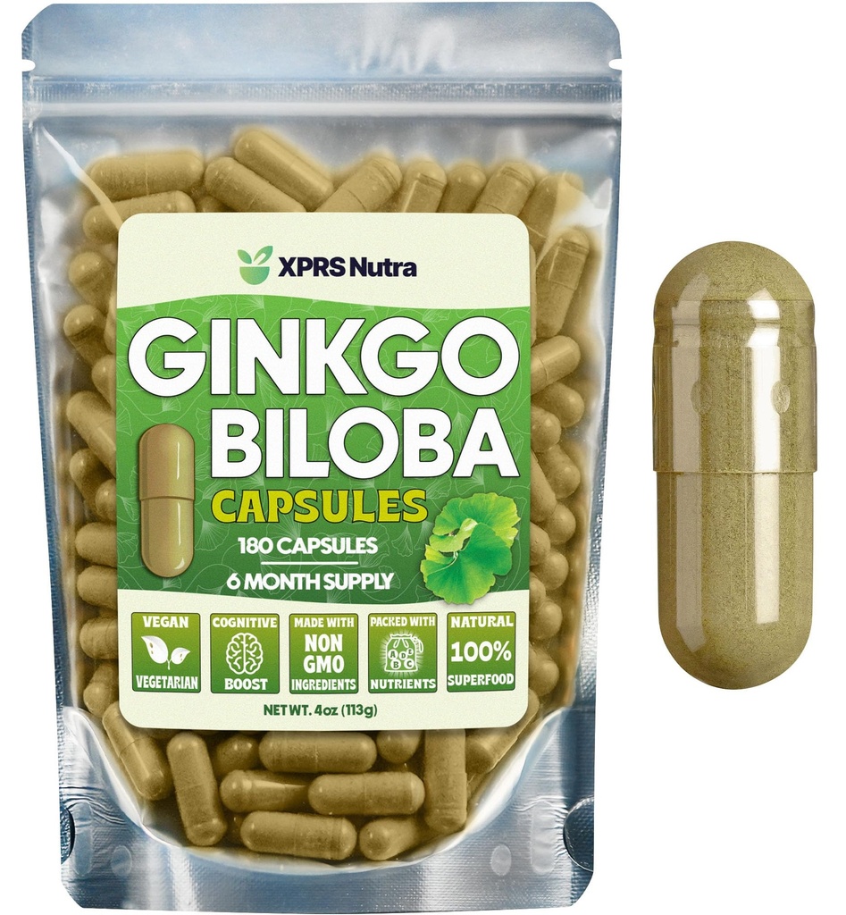 XPRS Nutra Ginkgo Biloba カプセル - Gingko Biloba 認知のためのカプセル化されたサプリメント - ビーガンフレンドリーな Ginkoba Biloba - 免疫ブースト Ginkgo Biloba カプセル - 180 カウント