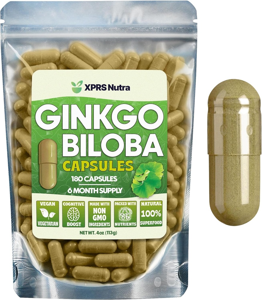 XPRS Nutra Ginkgo Biloba カプセル - Gingko Biloba 認知のためのカプセル化されたサプリメント - ビーガンフレンドリーな Ginkoba Biloba - 免疫ブースト Ginkgo Biloba カプセル - 180 カウント