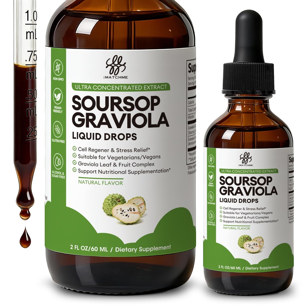 細胞サポート及び再生のためのiMATCHME Soursop Graviolaの液体の低下、免疫システムおよび腸の健康サポート、純粋なSoursopのビターの液体、高い吸収、砂糖/グルテンフリー、自然な味、2 Fl Oz
