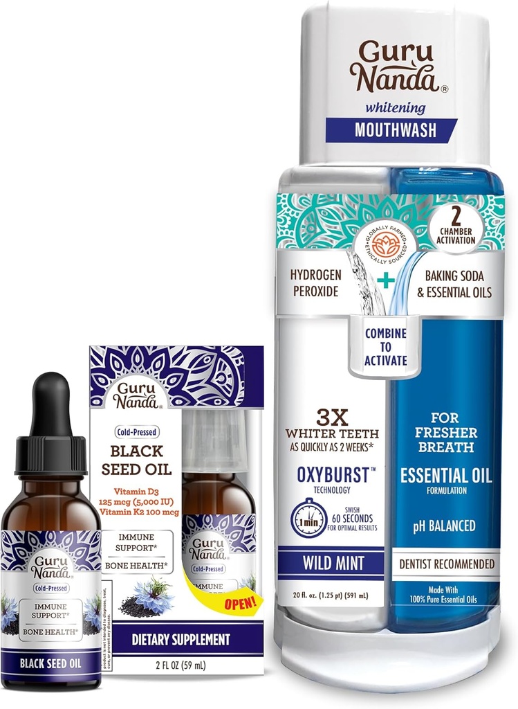 GuruNandaブラックシードオイル、コールドプレスニゲラサティバ - ビタミンD3 5000ユニット、K2&E&デュアルバレルオキシバーストホワイトニングマウスウォッシュ - 水素過酸化物が含まれています