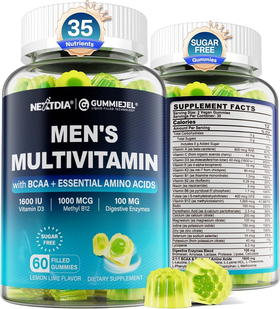 Methylated Multivitamin for Men Gummies, BCAA Amino Acids, Zinc, Daily Vitamin A C D3 E K2 B Complex, Calcium, Magnesium, Lycopene, Digestive Enzymes - Energy, Immune, Muscle- Sugar Free, Vegan, 60Cts