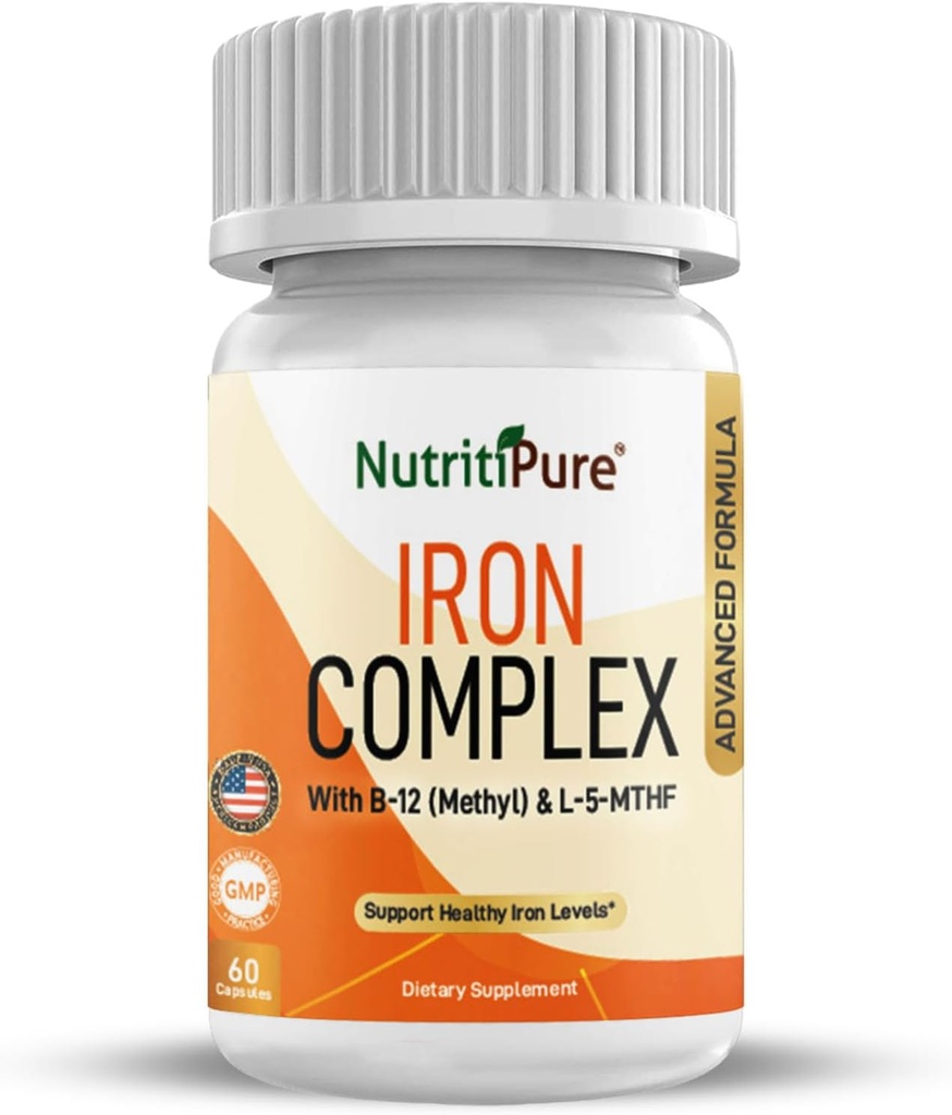 Iron Complex, Complete Blood Building Iron Vegetarian Capsules with Non-constipating Carbonyl Iron, Quatrefolic, B12, B6 & Vitamin C, for Women & Men (60 caps)