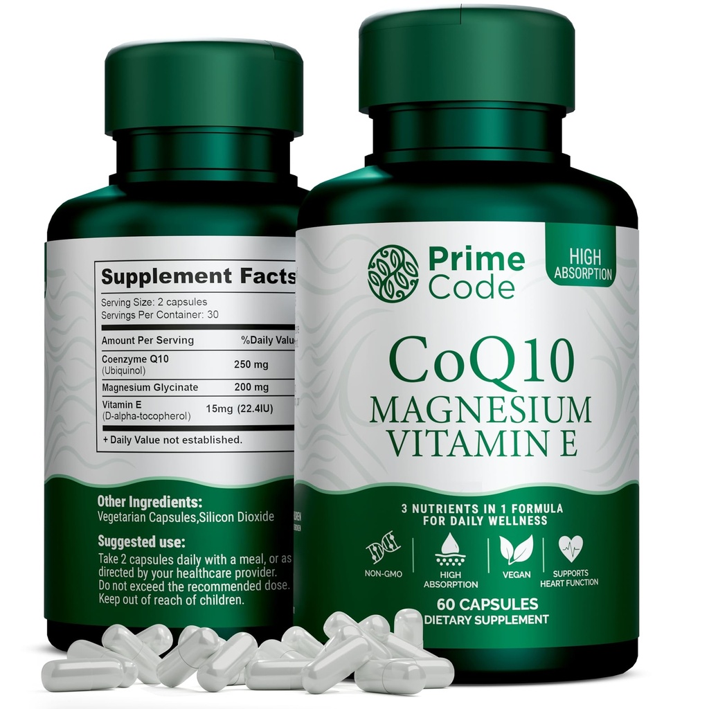 プライムコード [ 3 に 1] CoQ10 250mg マグネシウム グリシナートとビタミン E | CoQ10 カプセル 250mg | マグネシウム グリシナート 200mg | ビタミン E 15mg | GMO | グルテンフリー | ビーガン