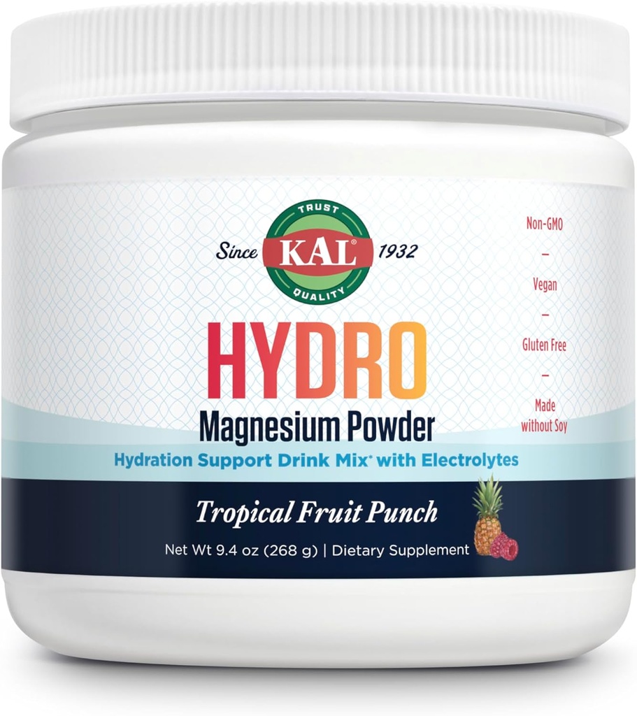 KAL Hydro Magnesium Plus Electrolytes Powder - Tropical Fruit Punch - Sodium, Chloride, Potassium Supplement - Hydration & Cellular Energy Drink Mix - No Sugar - 60-Day Guarantee, 50 Servings, 9.4 OZ