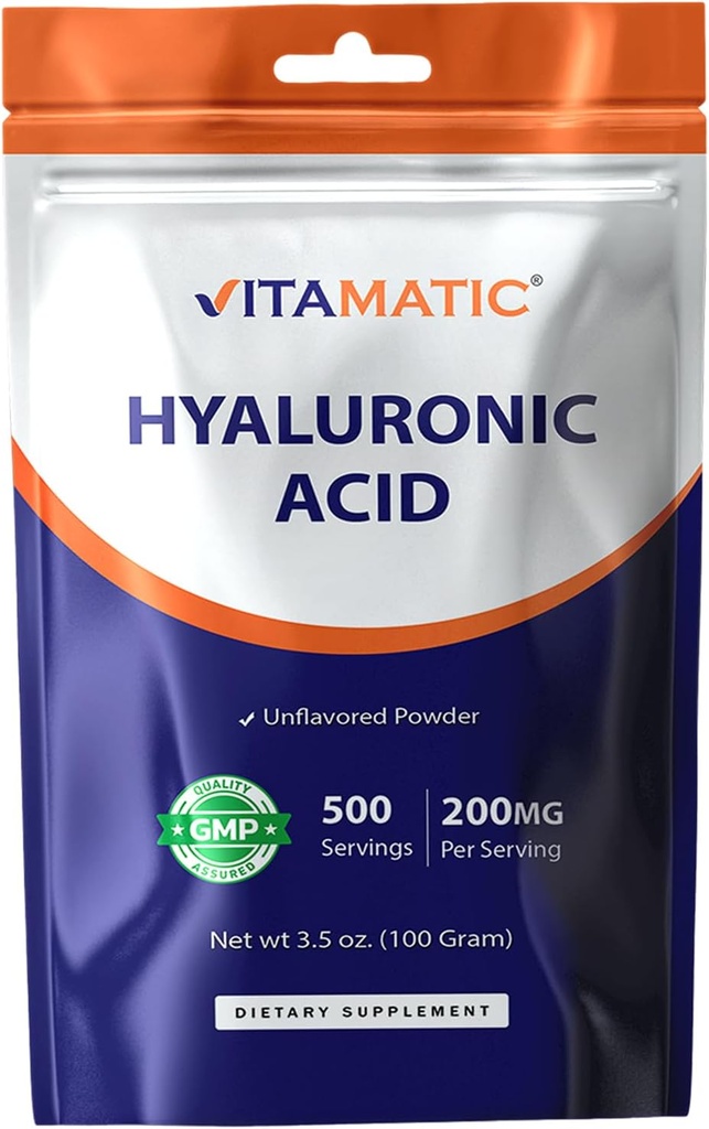 Vitamatic Hyaluronic Acid Powder 200mg - Supports Healthy Connective Tissue and Joints - Promote Youthful Healthy Skin - 100 Gram