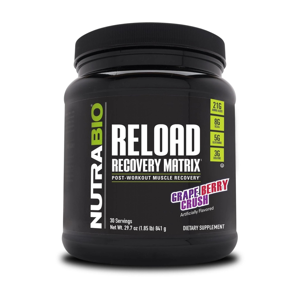NutraBioリロード - 強力な筋肉回復式 - ポストワークアウトサプリメント - 3Gクレアチン - 8G BCAAs - 5Gグルタミン - 30サービング、グレープベリークラッシュ