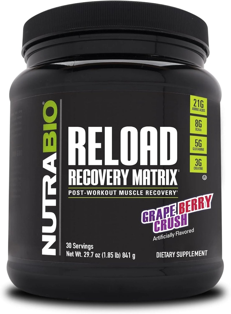 NutraBioリロード - 強力な筋肉回復式 - ポストワークアウトサプリメント - 3Gクレアチン - 8G BCAAs - 5Gグルタミン - 30サービング、グレープベリークラッシュ