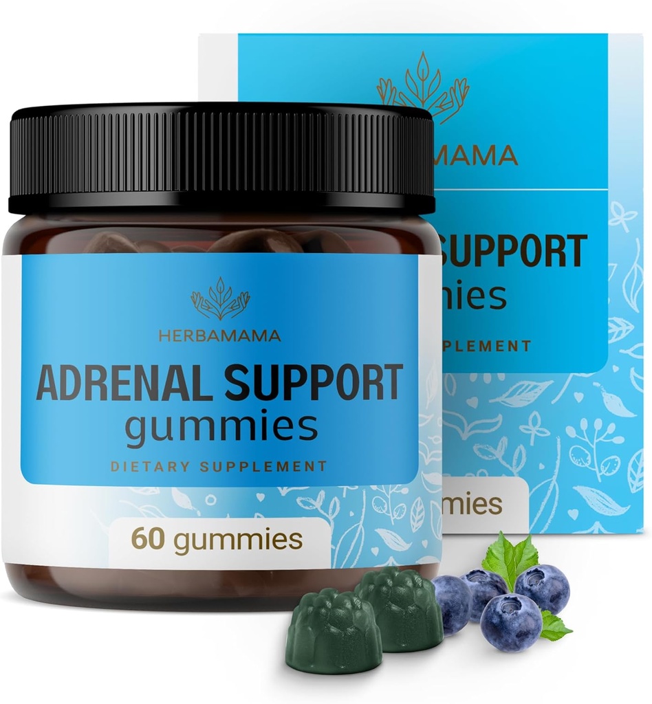 HERBAMAMA Adrenalサポートグミー - Ashwagandha Root、Rhodiola Rosea&マグネシウムと女性のための純粋なAdrenalコンプレックスサプリメント - ビーガン、非GMO - 60ペクチンベースのブルーベリー風味の咀嚼