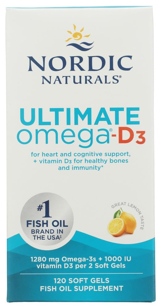Nordic Naturals Ultimate Omega-D3、レモンフレーバー - 120 ソフトジェル - 1280 mg Omega-3 + 1000 IU ビタミンD3 - EPA&DHA - 脳、心臓、免疫の健康を促進 - 60 サービング