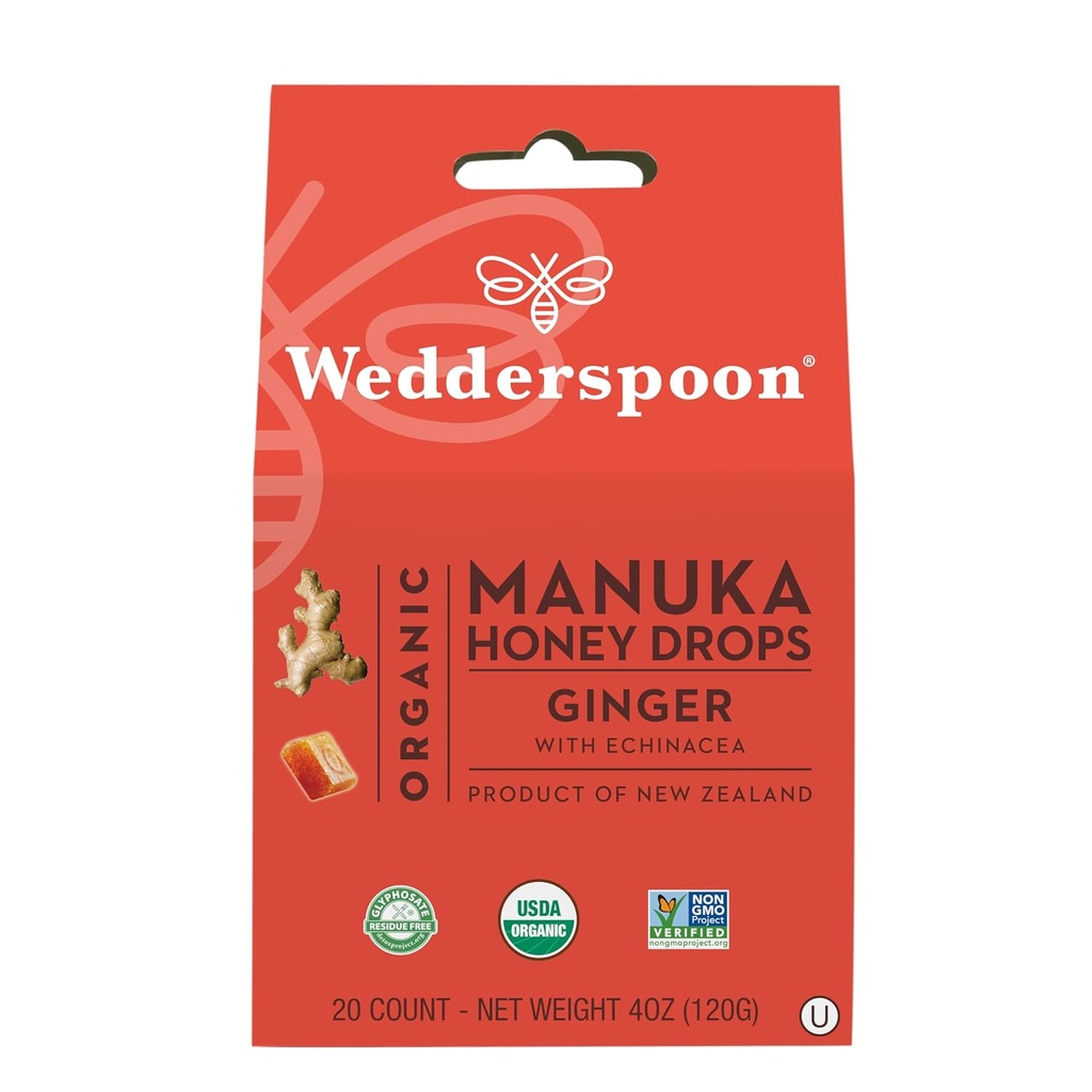 Wedderspoon Organic Manukaハニードロップ、ジンジャー&エキナセア、20カウント(パッケージ1) | 純正ニュージーランドハニー | ドライスロートに最適な治療法