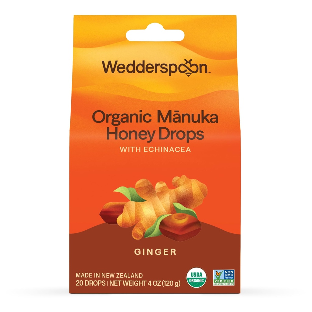 Wedderspoon Organic Manukaハニードロップ、ジンジャー&エキナセア、20カウント(パッケージ1) | 純正ニュージーランドハニー | ドライスロートに最適な治療法