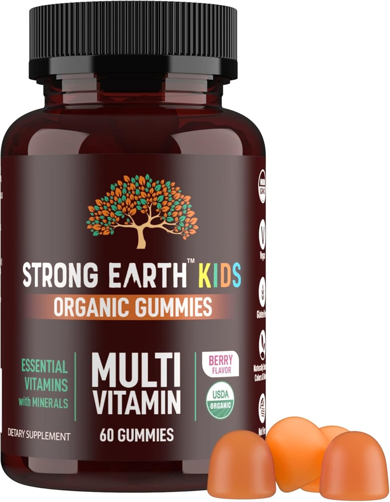 YUM-V'S Strong Earth Organic Multivitamin Gummies, Vitamins & Minerals Including Vitamin A, C, D3, E, B6 & Zinc - Chewable Vitamin with Immune Support for Boys and Girls, 60 Count