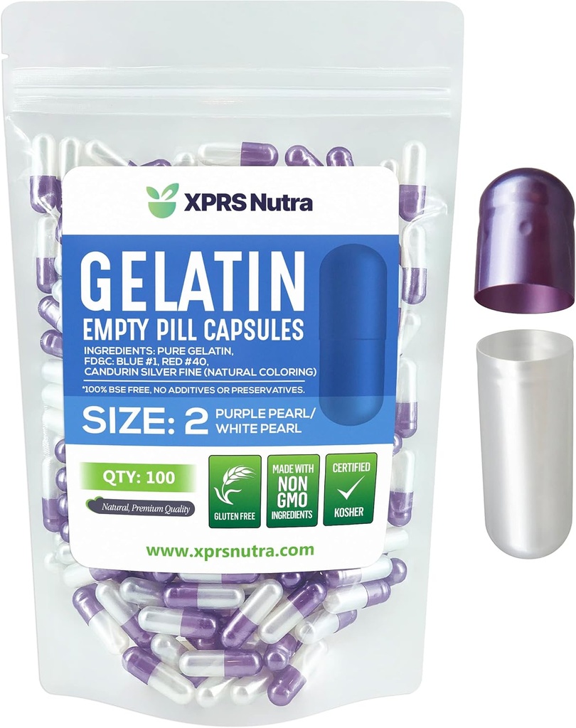 XPRSのNutraのサイズ2の空のカプセル- 100の計算の空のゼラチンのカプセル-Pills DIYのカプセルの詰物-Do-It-Yourselfの補足のための純粋な牛のゲルの帽子(真珠の紫色/白)