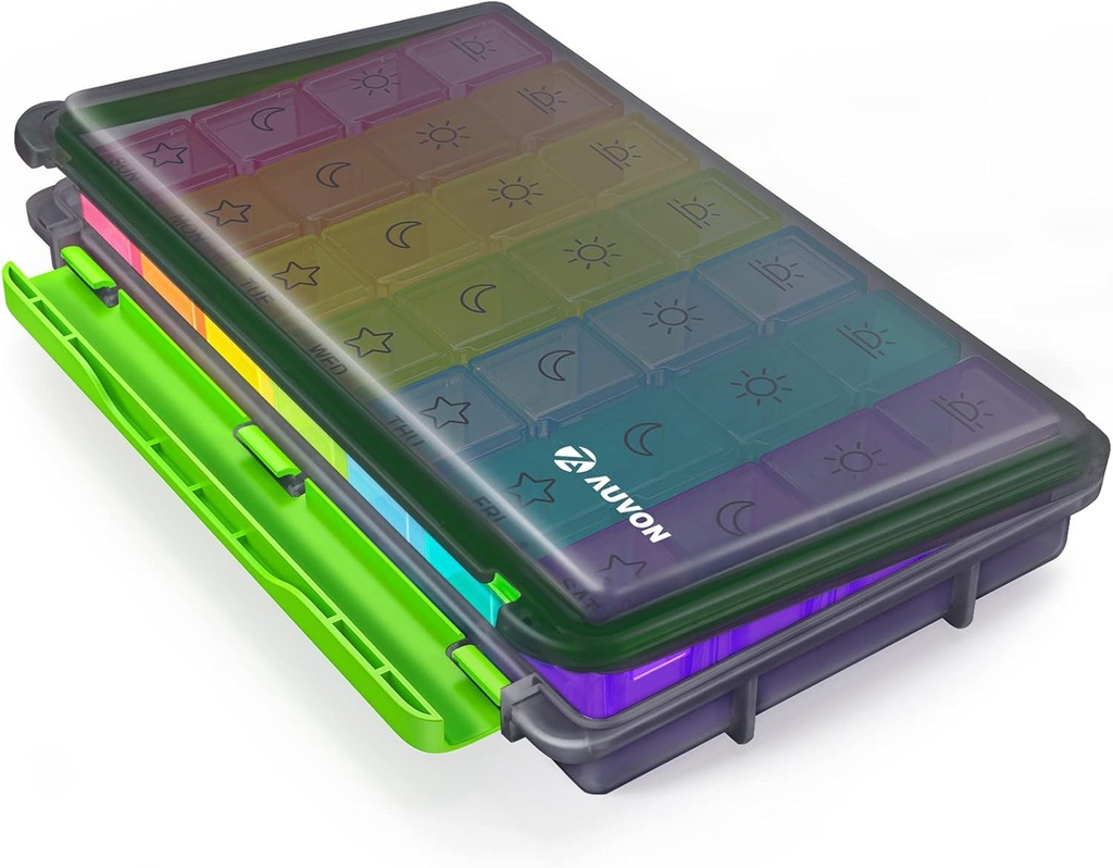 AUVON iMedassistモイシャルプロフ週刊ピルオーガナイザー4日4回、旅行のためのポータブルデザインと大型7日ピルボックスケース、取り外し可能な個々の容器はビタミン、サプリメント、医薬品を保持します