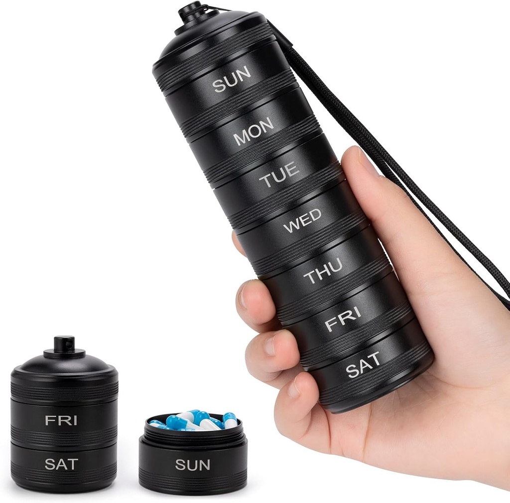 ピルオルガナイザーウィークリーメタルトラベルピルボックス防水 - 7日間大型アルミ合金ピル容器、ビタミン、薬、サプリメント、魚油のためのポータブルデイリーピルケース