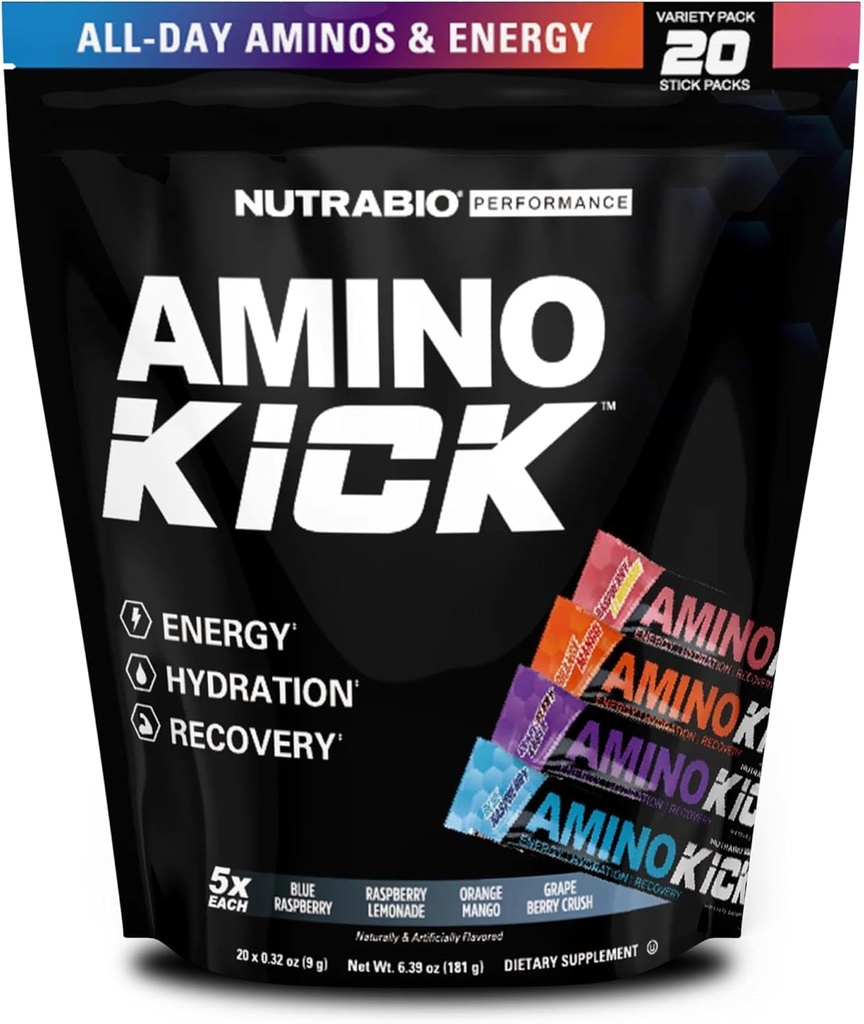 NutraBio – アミノキック – 1つのパフォーマンスフォーミュラエネルギーですべて, 水分補給, 回復 20 サービング, (Variety Pack) – 6g アミノ酸 – サポートマッスルビルディング