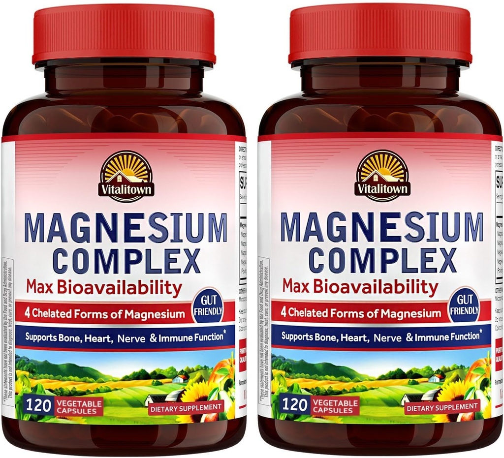 Vitalitownのマグネシウムの複合体2のパック、240のカプセル、NSFはマグネシウムのGlycinate、Malate、Taurate及びクエン酸塩、Chelatedの形態、高い吸収、骨、中心、睡眠及び消化器を証明しました