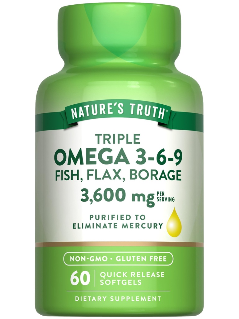 Nature's Truth Triple Omega 3-6-9 Softgels | 3600mg | 60カウント | フィッシュ、フラックス、ホウラージュオイル | 非GMO&グルテンフリーサプリメント