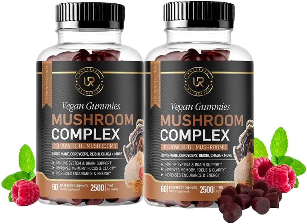 きのこのグミー | 10 のきのこの補足 | 2 のパック | トルコの尾、Chaga、Reishi、Cordyceps & Lions Mane の有機のきのこのエキス、焦点、記憶、明快さ、エネルギーの Nootropic のブレイン ブースター | 120ct