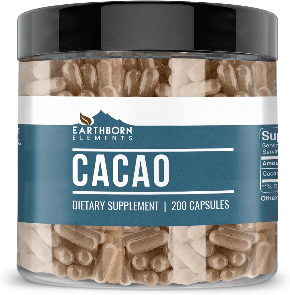 Earthborn Elements Cacao (Cocoa) 200 Capsules, Pure & Undiluted, No Additives