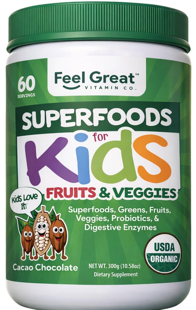 お子様に最適なUSDAオーガニックスーパーグリーンパウダー - コカオチョコレート | フルーツ&野菜サプリメント | プロバイオティクス・消化器用酵素のスーパーフードパウダー | 60日間サプライ