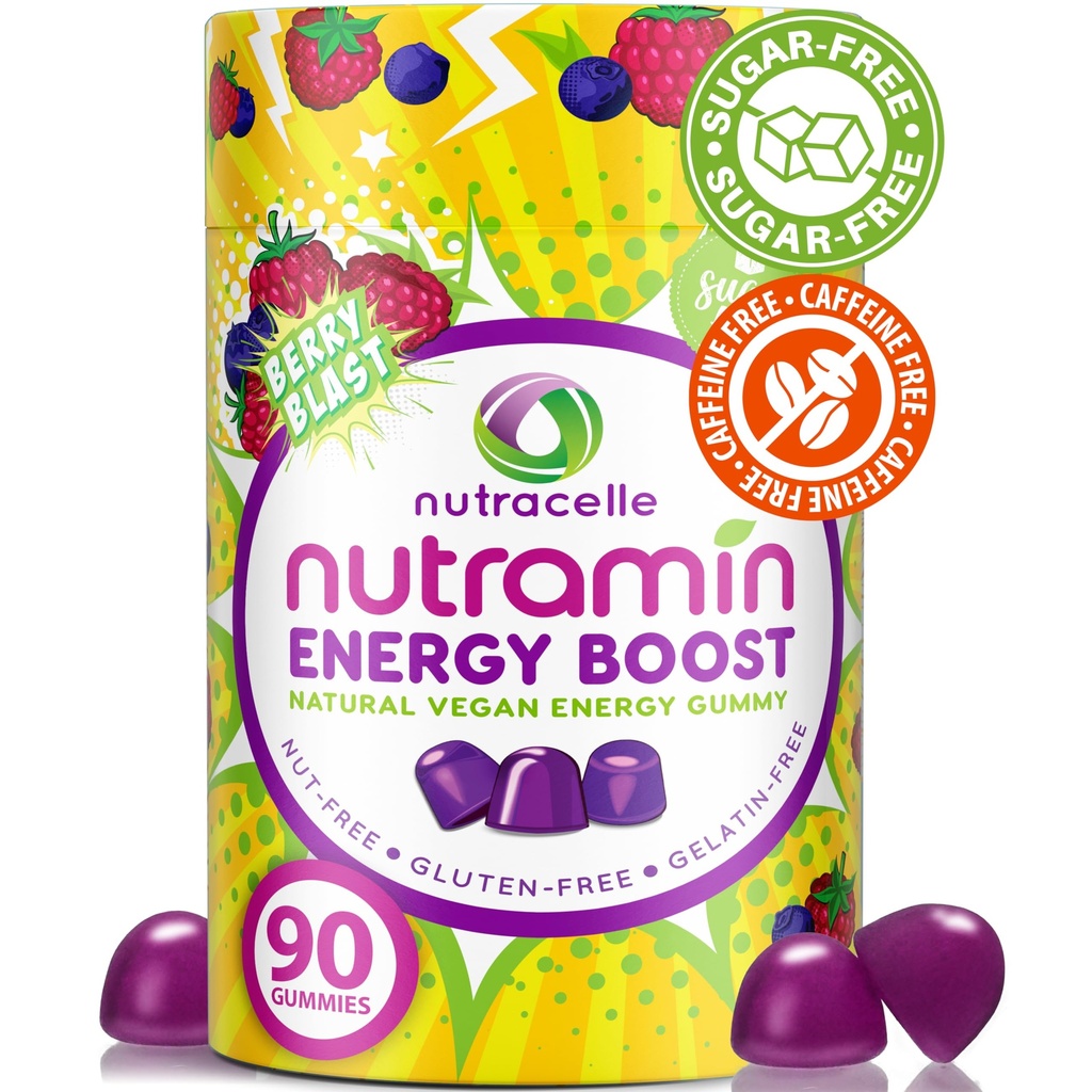 NUTRAMINエネルギーブーストビタミンGummy - コーヒーをスキップし、あなたのエネルギーをブースト, カフェインフリー, 砂糖フリー, ビーガン, B12, 緑茶, アシュワガンダ, ガルシニアカンボジア, ラズベリー適応剤 - 90カラット
