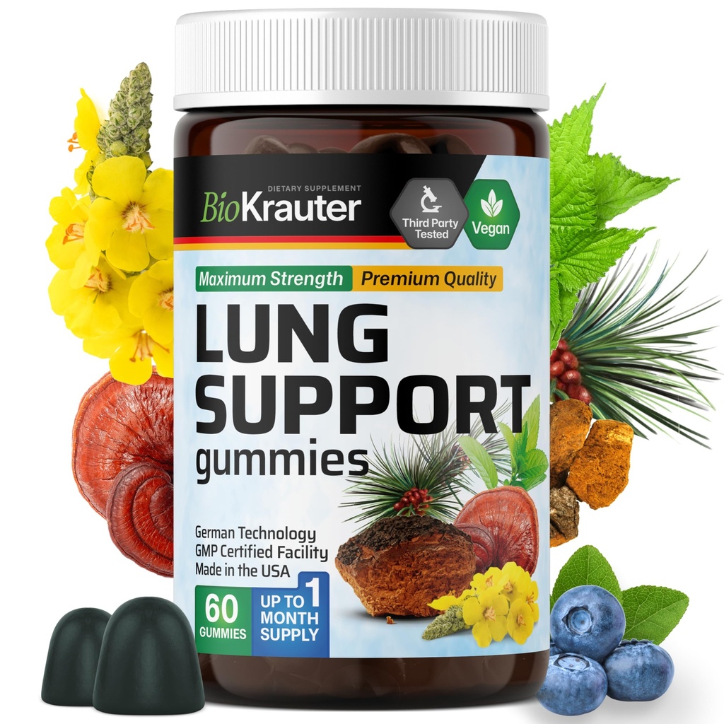 BIO KRAUTER Lung Detox Gummies - 60 ビーガン咀嚼 - Lung Cleanse Supplement w/Vitamin C & Mullein リーフブレンド - 呼吸サポート